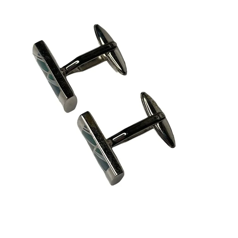 Cuff Links Silvertone Rectangular Inlaid Blue Green Stripes